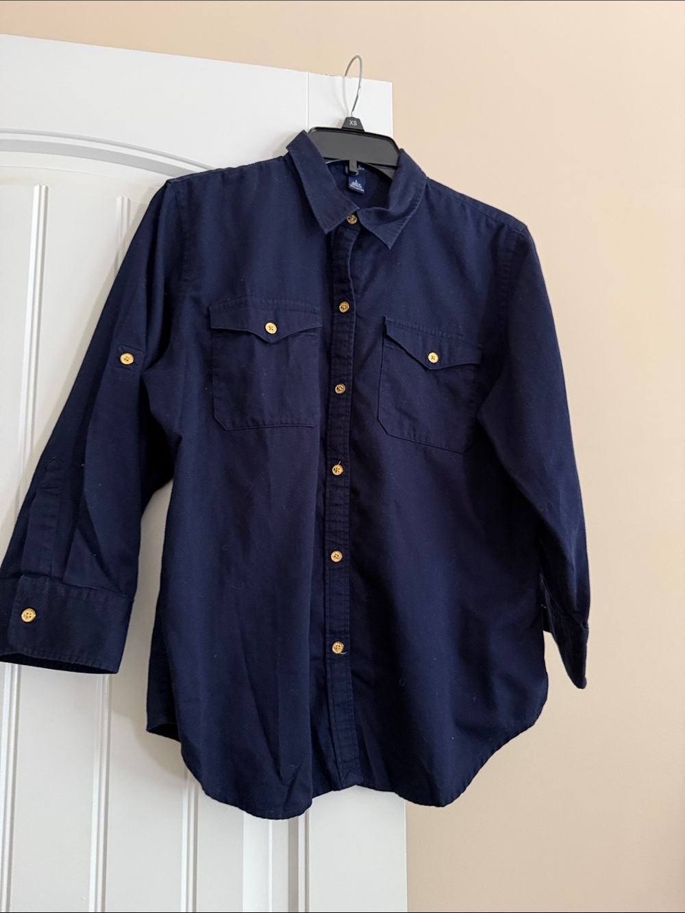 Chaps Navy Blue Button-Down Shirt with Gold Buttons